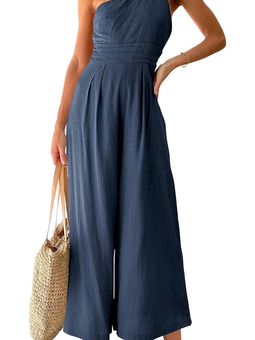 NWOT Navy Smocked One Shoulder Spaghetti Strap High waist jumpsuit Romper Small